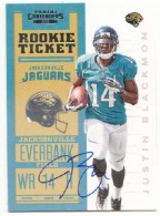2012 Justin Blackmon Panini Contenders - Rookie Autograph Variation SP (Left Arm at Chest) (#:205B) (Stock: 1) - $25.00