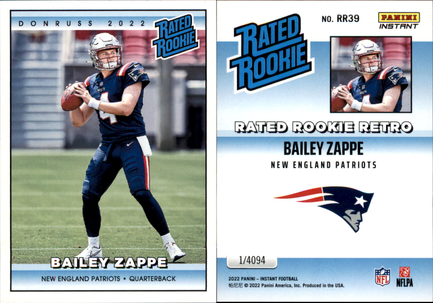 NFL 2022 Artistry Football Bailey Zappe Trading Card ART-BZ Rookie